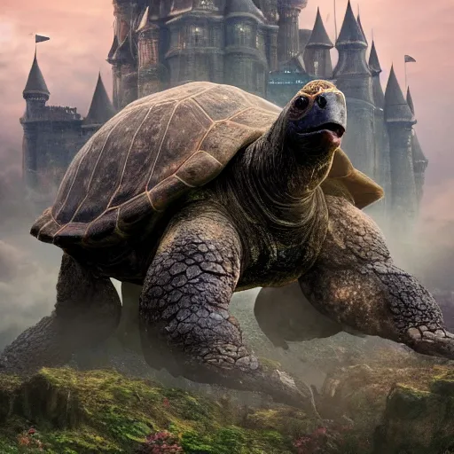 Prompt: giant tortoise walking with a large fantasy castle armor, distant shot birds eye view, fantasy, hyper detailed, 4 k, howls moving castle, mortal engines,