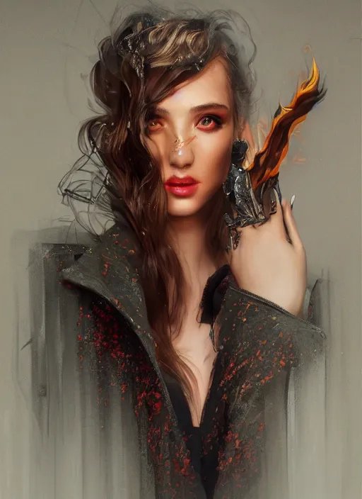 Image similar to fashion portrait with fire, female, 3d, future, torch, flame, harper's bazaar, vogue, fashion magazine, intricate, concept art, close up, ornate, luxury, elite, elegant, trending on artstation, by ruan jia, by Kenneth Willardt, by ross tran, by WLOP, by Andrei Riabovitchev,