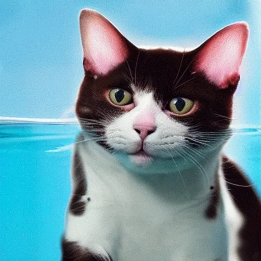 Prompt: a cat without hair swimming in pink water while crying