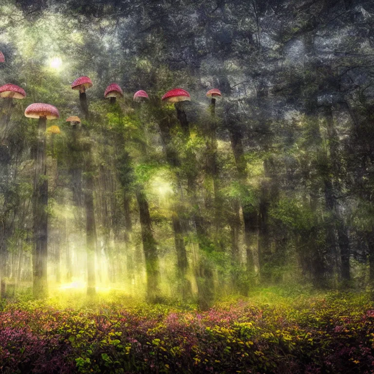 Image similar to a planet of various fungus like trees, mushrooms, flowers and plants, artistic photography, conceptual, long exposure outside the city, volumetric light