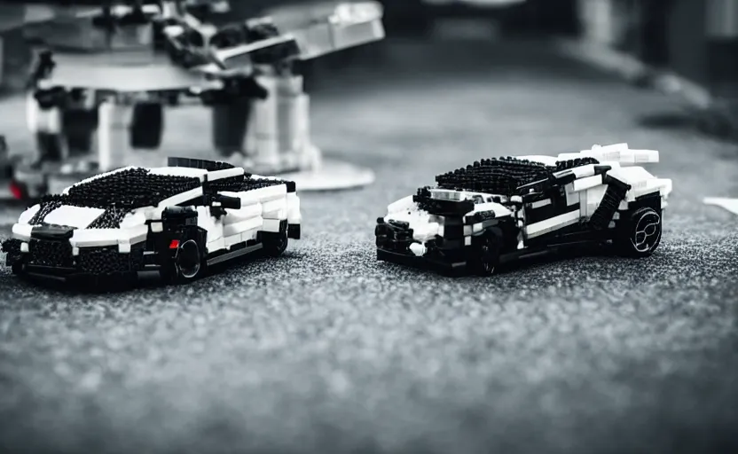 Prompt: a robot plays with a black lego lamborghini. soft light. dark background. cinematic. intricate. highly detailed