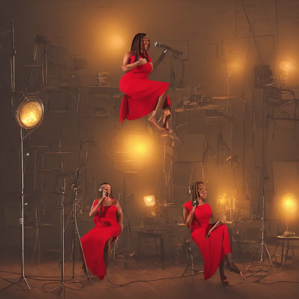 Image similar to illustration of a light-skinned black woman wearing cornrows sings into a microphone in a studio, medium shot, she is wearing a red dress, sitting on a stool, and 4 or 5 yellow lamps are hanging around her, ambient light, unreal engine, Bijou Karman