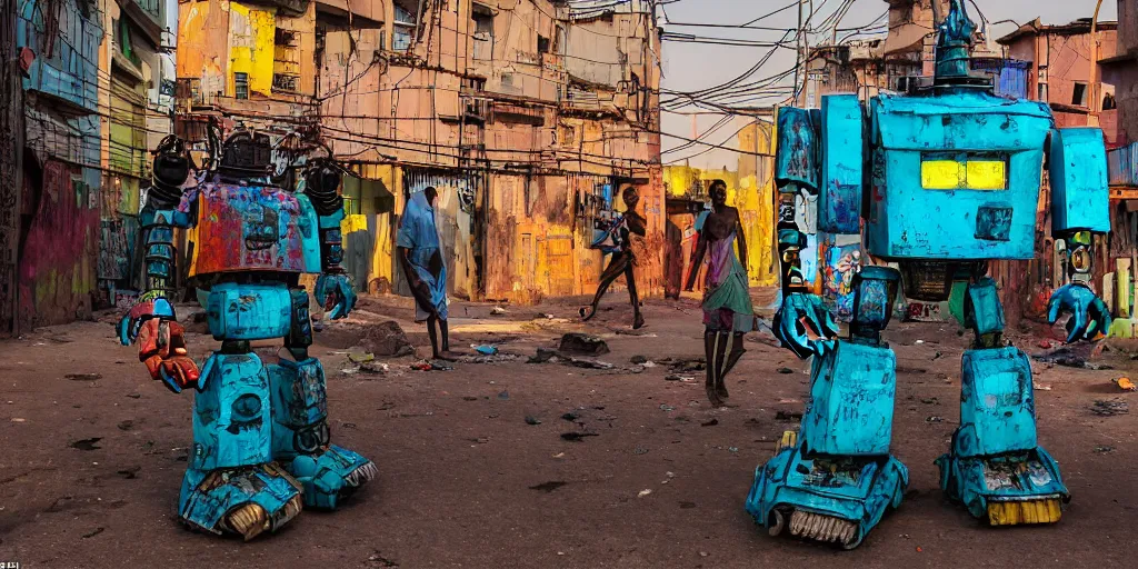 Prompt: colourful - damaged - giant mecha ROBOT of AJEGUNLE SLUMS (neon lit) of Lagos, markings on robot, Golden Hour,