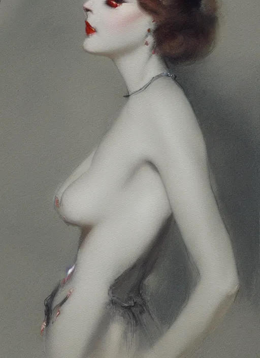 Prompt: a painting of a woman by Louis Icart, highly detailed, masterpiece, trending on ArtStation, ultra realistic