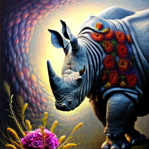 Image similar to A beautiful detailed rhino in armor, tarot card, by tomasz alen kopera and Justin Gerard and a bouquet of ethereal big colorful transparent entangled flowers on the background, direct sunlight, glowing, vivid, detailed painting, Houdini algorhitmic pattern, by Ross Tran, WLOP, artgerm and James Jean, masterpiece, award winning painting