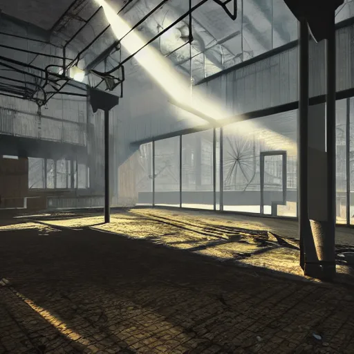 Prompt: abandoned industrial factory interior, volumetric light scattering through the windows, digital art, trending on artstation