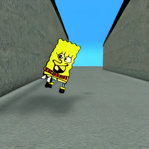 Prompt: Spongebob in GoldenEye 64 screenshot