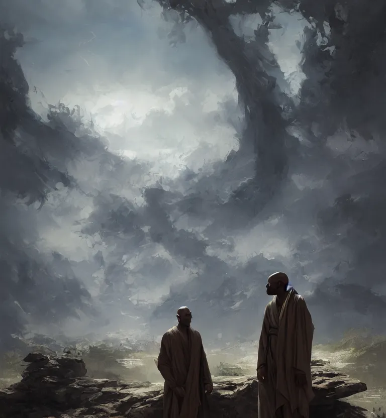 Image similar to painting of a bald tall dark - skinned man wearing a flowing robe overlooking the earth, nature, eyes closed, greg rutkowski, ruan jia, trending on artstation, detailed digital art