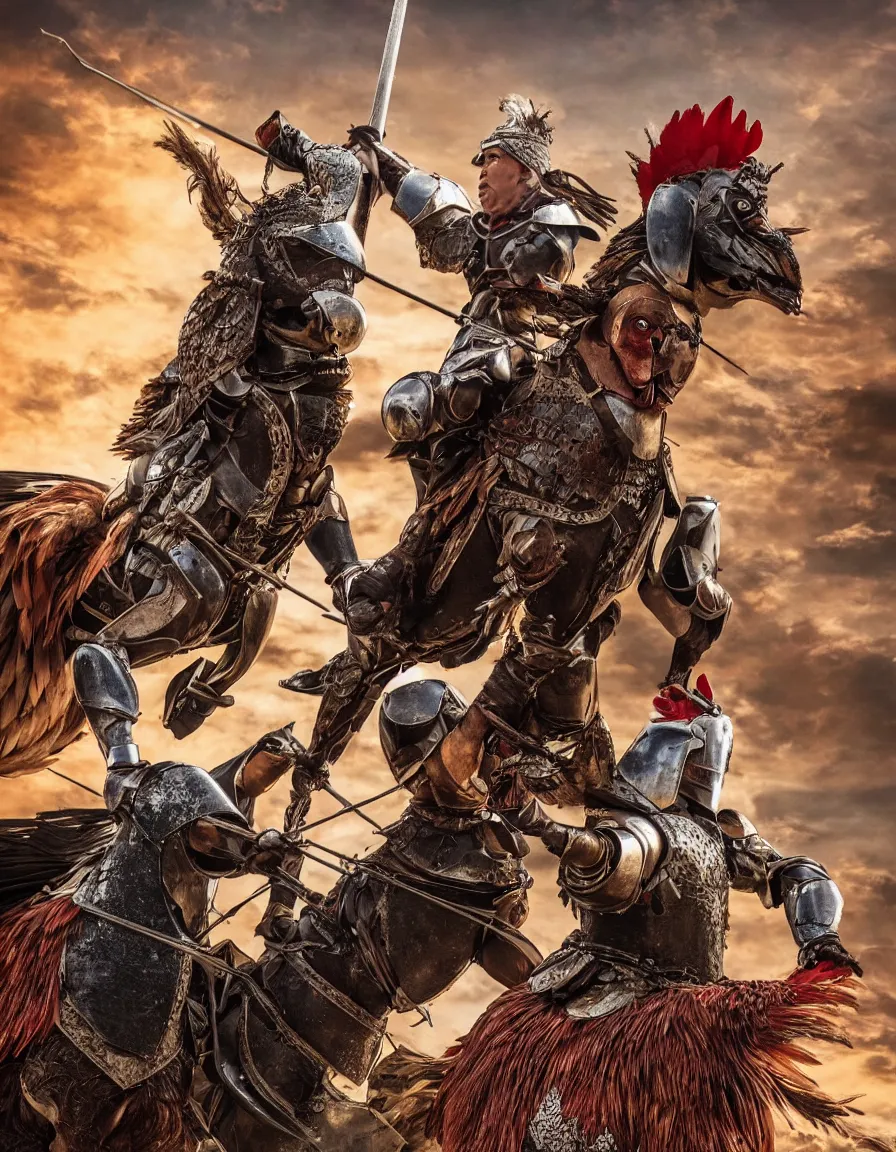 Prompt: rooster with plate armor jousting, hyper-realistic, 4k, movie poster, fantasy