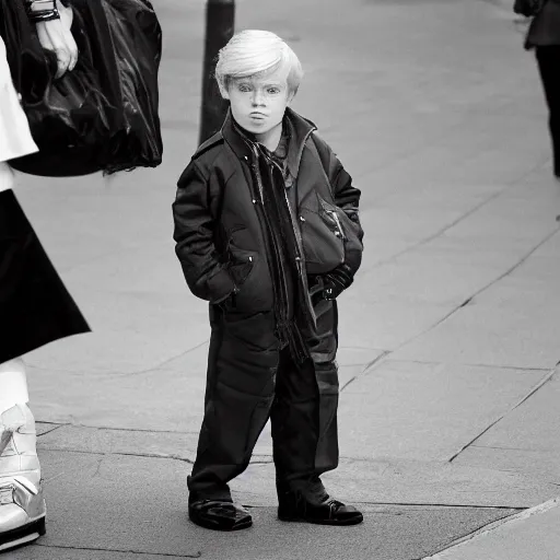 Image similar to street photo of young donald trump, black and white, by gilbert weingourt