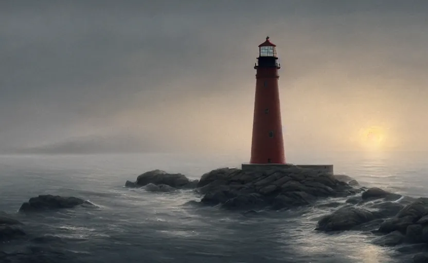 Image similar to lighthouse in the night, directed by charlie kaufman ( 2 0 0 1 ) anamorphic lenses, a rocky shore in the foreground, foggy volumetric light morning, a beam of light from the heavens, cinematic trending on artstation in the style of greg rutkowski