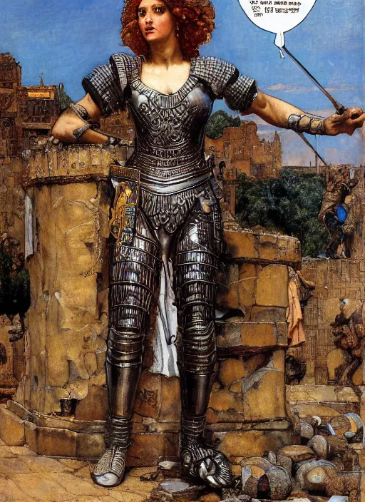 Image similar to portrait of helen of troy in armour outside the city walls, by lawrence alma tadema and rick berry and norman rockwell and greg staples and jack kirby