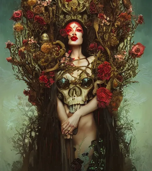 Prompt: portrait of the supreme queen of the blood cult, surrounded by skulls and overgrowth and dark flowers by karol bak, WLOP, James Jean, tom bagshaw, rococo, trending on artstation, cinematic lighting, hyper realism, octane render, 8k, hyper detailed.