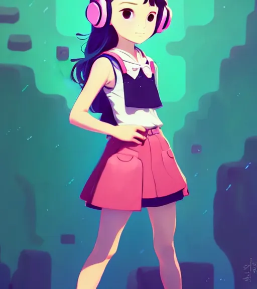 Prompt: beautiful little girl character inspired by 9 0's fashion and by madeline from celeste, art by rossdraws, wlop, ilya kuvshinov, artgem lau, sakimichan and makoto shinkai, concept art, headphones