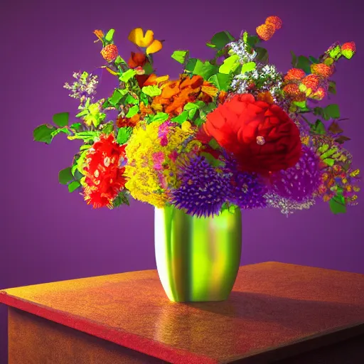 Image similar to a vase with a colorful and beautiful flower arrangement. beautiful lighting, 4 k post - processing, trending in art station, cg society, highly detailed, 5 k extremely detailed, 3 d. cinematic scene.