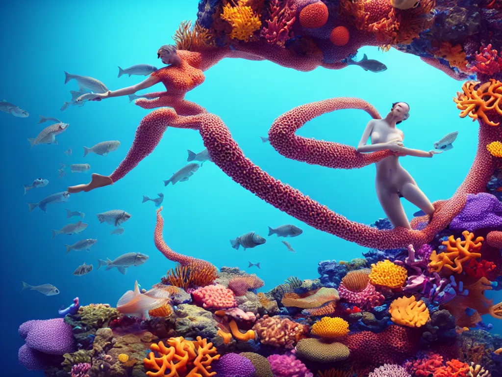 Image similar to a sculpture of fish ocean intertwined, diode lighting, a lovely cornucopia of flowers and human body parts, body parts, highly detailed, octane render, cinematic, sharp focus, clean, studio lighting, sunset, great barrier reef