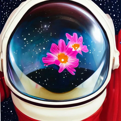 Image similar to a close up painting of an astronaut floating in space. his helmet visor is dark and reflective. you can see the reflection of flowers in his helmet visor.