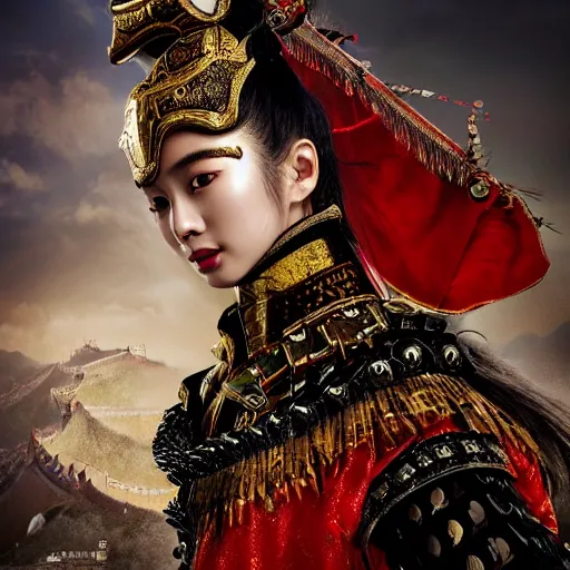 Prompt: angelababy as a Chinese warrior princess on the Great Wall, styling by Tom Eerebout & Sandra Amador, photo by mario testino, cinematic, hyper detailed, micro details, insanely detailed, trending on artstation, concept art