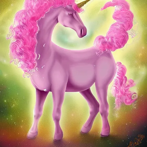 Image similar to a giant pink fat unicorn eating jupiter like cotton candy, digital art, highly detailed