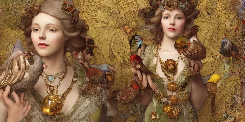 Image similar to face 3 d render of english princess holding birds, ornaments, mucha vibe, dieselpunk, solarpunk, artstation