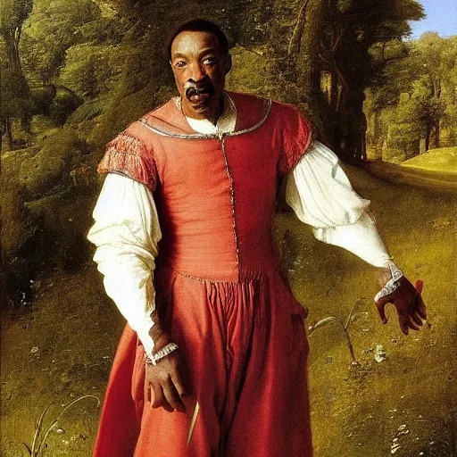 Image similar to renaissance portrait of Eddie Murphy by a meadow in a forest, masterpiece by Eugene de Blaas