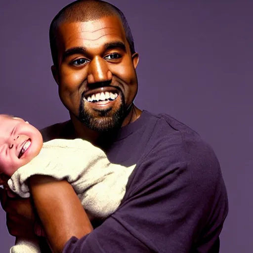 Image similar to kanye west smiling and holding holding baby yoda for a 1 9 9 0 s sitcom tv show, studio photograph, portrait c 1 2. 0