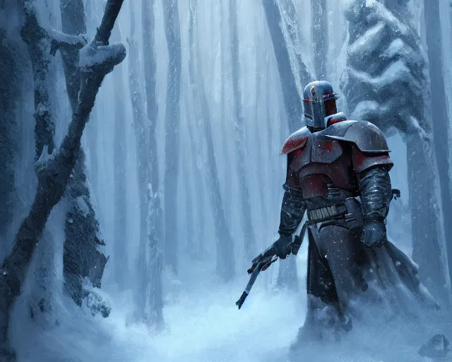 Image similar to jango fett killed 2 0 dead jedi, blood, in a snow forest, concept art highly detailed, great cinematic lighting, 8 k, depth of field, 3 d, art by greg rutkowski, trending on artstation, cinematographic shot