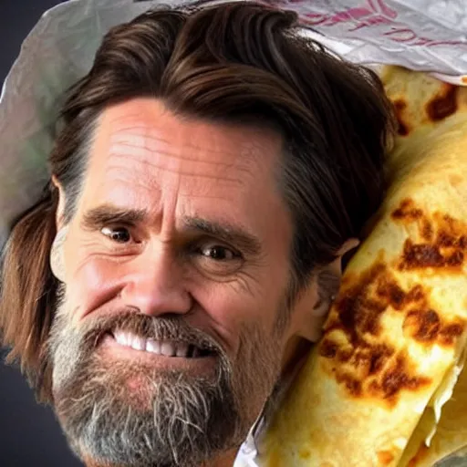 Image similar to photo of jim carrey's head inside of a burrito