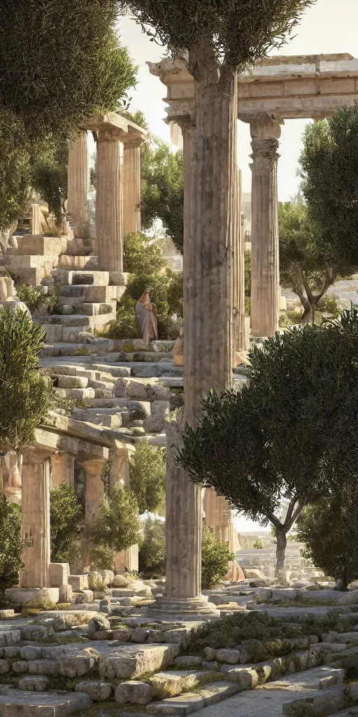 Prompt: ancient greek city, sunny day, olive trees, houses and temples, marble columns, by ilya kuvshinov, rtx rendering, octane render 1 2 8 k, maya, extreme high intricate details by tom bagshaw, medium shot, composition by sana takeda, lighting by greg rutkowski