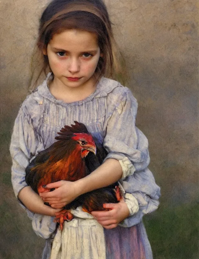 Image similar to portrait of little peasant girl holding a chicken, cottage core, cinematic focus, polaroid photo bleached vintage pastel colors high - key lighting, soft lights, foggy, by steve hanks, by lisa yuskavage, by serov valentin, by tarkovsky, 8 detailed, oil on canvas