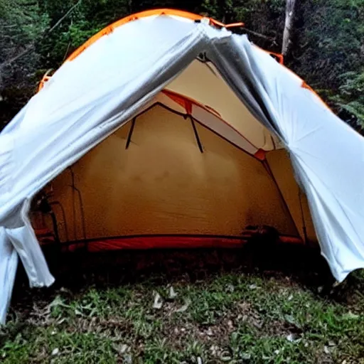 Prompt: paranormal trailcam footage with flash, screaming people in a tent