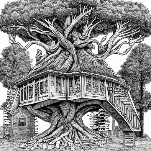 Image similar to Isometric view of a tree house society, intricate, illustration, hyper detailed, detailed