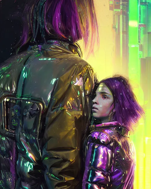 Prompt: detailed portrait neon guard girl with long blond hair and her boy friend very short brown hair, seen from the back, cyberpunk futuristic, reflective puffer jacket, black leggings, made of iridescent metals and shiny purple gems by ismail inceoglu dragan bibin hans thoma, perfect face, fine details, realistic shaded, fine - face, pretty face