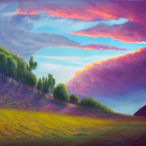 Prompt: concept art of dramatic landscape with giant asparagus at dusk