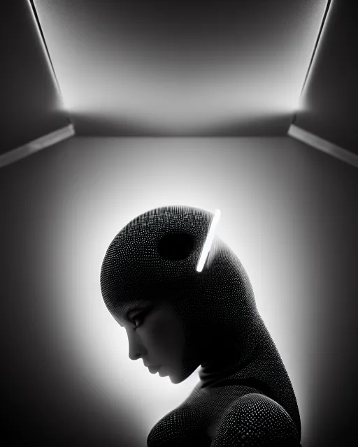 Image similar to black and white high quality photo of a female AI-queen-dragon-meshes-cyborg-doll looking into a sci-fi mirror, volumetric lighting, brutalism, foggy, dreamy, hyperdetailed, bokeh, photorealistic, cinematic, masterpiece, elegant, dark, in the style of Horst P. Horst, octane render, 8K,