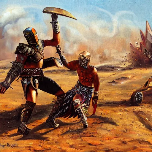 Image similar to Oil painting of an apocalyptic gladiator duel, sci-fi, wasteland