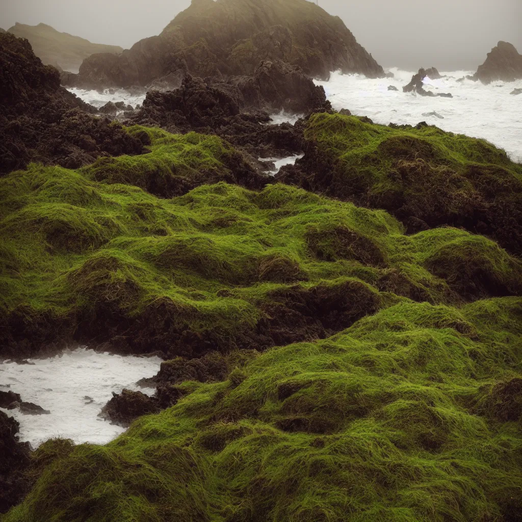 Prompt: dark and moody 1 9 7 0's artistic spaghetti western film in color, a woman in a giant billowing wide long flowing waving green dress, standing inside a green mossy irish rocky scenic landscape, crashing waves and sea foam, volumetric lighting, backlit, moody, atmospheric, fog, extremely windy, soft focus