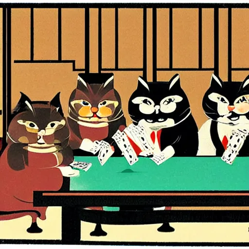 Prompt: fat mobster cats gambling at a table with a single light overhead, smoke fills the room, japanese art style