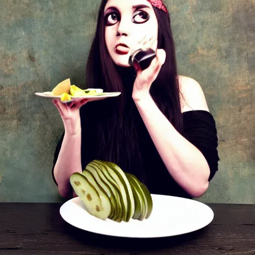 Image similar to goth girl eating plate of pickles