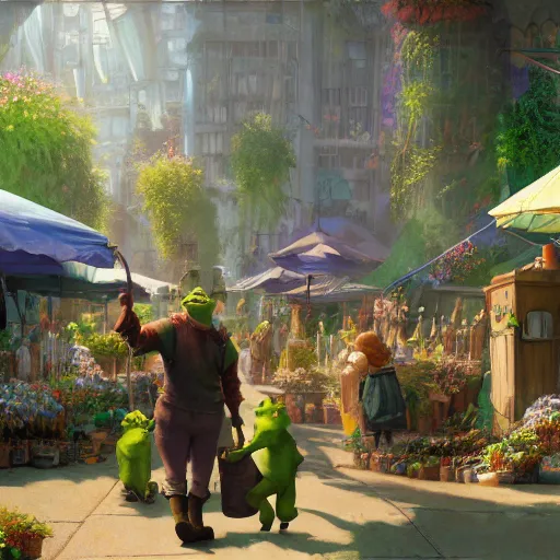 Prompt: shrek craig mullins and ghibli digital illustration of solarpunk farmers market, festival, colorful, unreal engine, hyper realism, realistic shading, cinematic composition, realistic render, octane render, detailed textures, photorealistic, wide shot