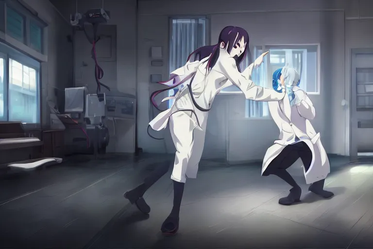 Image similar to a cute young female ninja wearing white coat is attacking an old surgeon in a hospital, lighting, anime scenery by Makoto shinkai