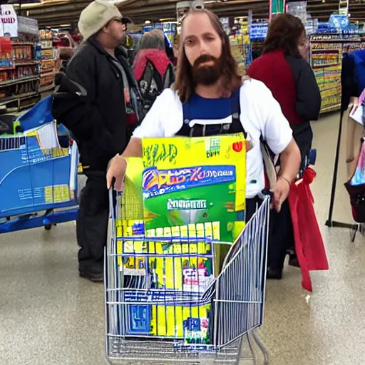 Prompt: jesus at walmart, paparazzi photo