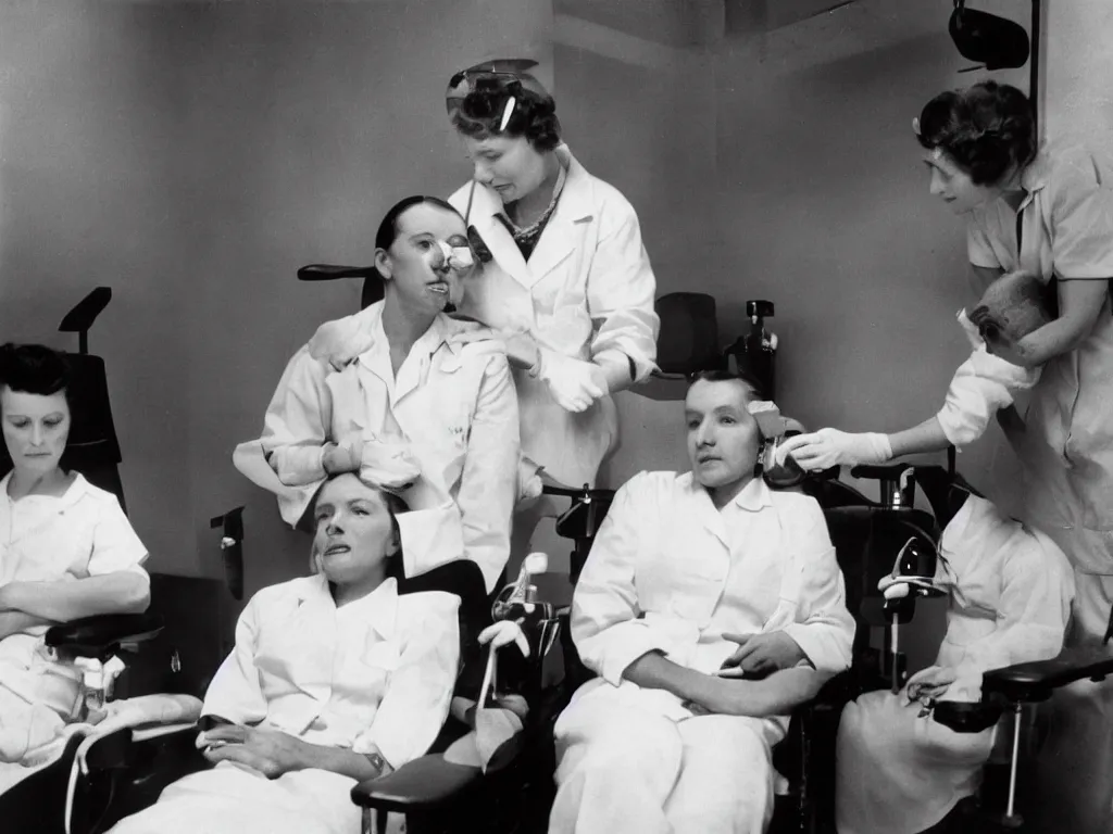 Prompt: nurse dressed in white with compassion in her eyes looking at desperate patient at dentist's chair, kodak film photo, year 1 9 3 5, highly detailed, very realistic facial expressions with humane nuances