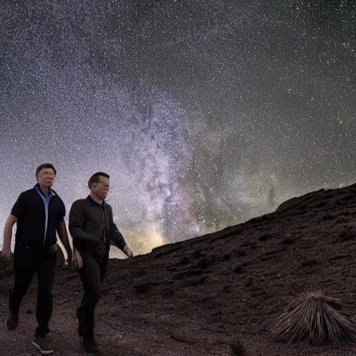 Prompt: elon musk and donald tusk hiking on milky way nebula