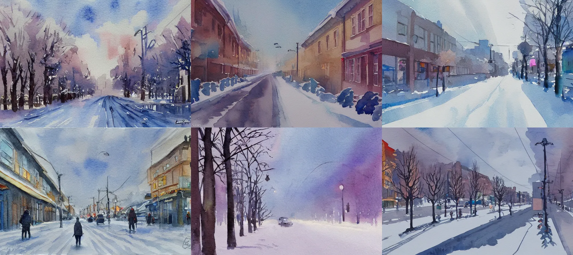 Prompt: !! watercolor!! omsk city road in winter, lenina street, artwork by tooth wu, colorful contrast,!! very coherent!!, dark shadow, thick lineart