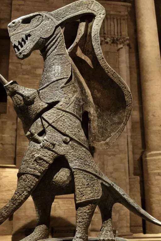 Prompt: medieval Norman, circa 1200, photo of stone carved statue, of a night in armor riding a dinosaur, romanesque style, in a museum room