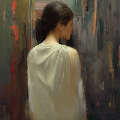 Prompt: a woman looking over her shoulder, back shot, enchanting and secretive, Mediterranean ethnicity, painting by Ruan Jia and Mandy Jurgens