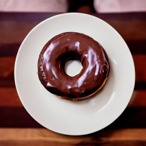 Image similar to a donut, chocolate frosting, on a plate in a busy diner, wide angle, cinestill 800