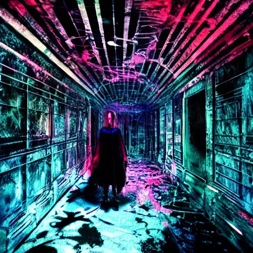 Image similar to big budget horror scene, chaos induce psychedelic colors, ultra definition, cinematic, professional lighting, liminal dark void craze, photograph by Lucifer