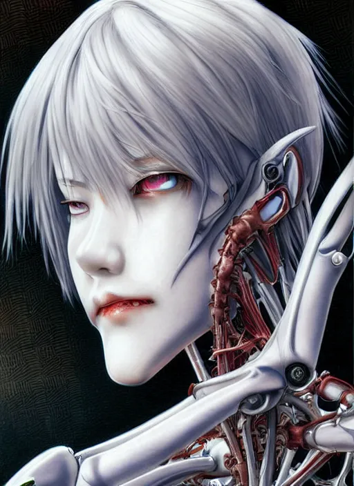 Image similar to Rei Ayanami by Yoshitaka Amano, by HR Giger, biomechanical, profile portrait, 4k, wide ayes, hyper detailed, hyperrealism, anime, a Blood Moon rising on a Broken World 4k very detailed deviantart artstation